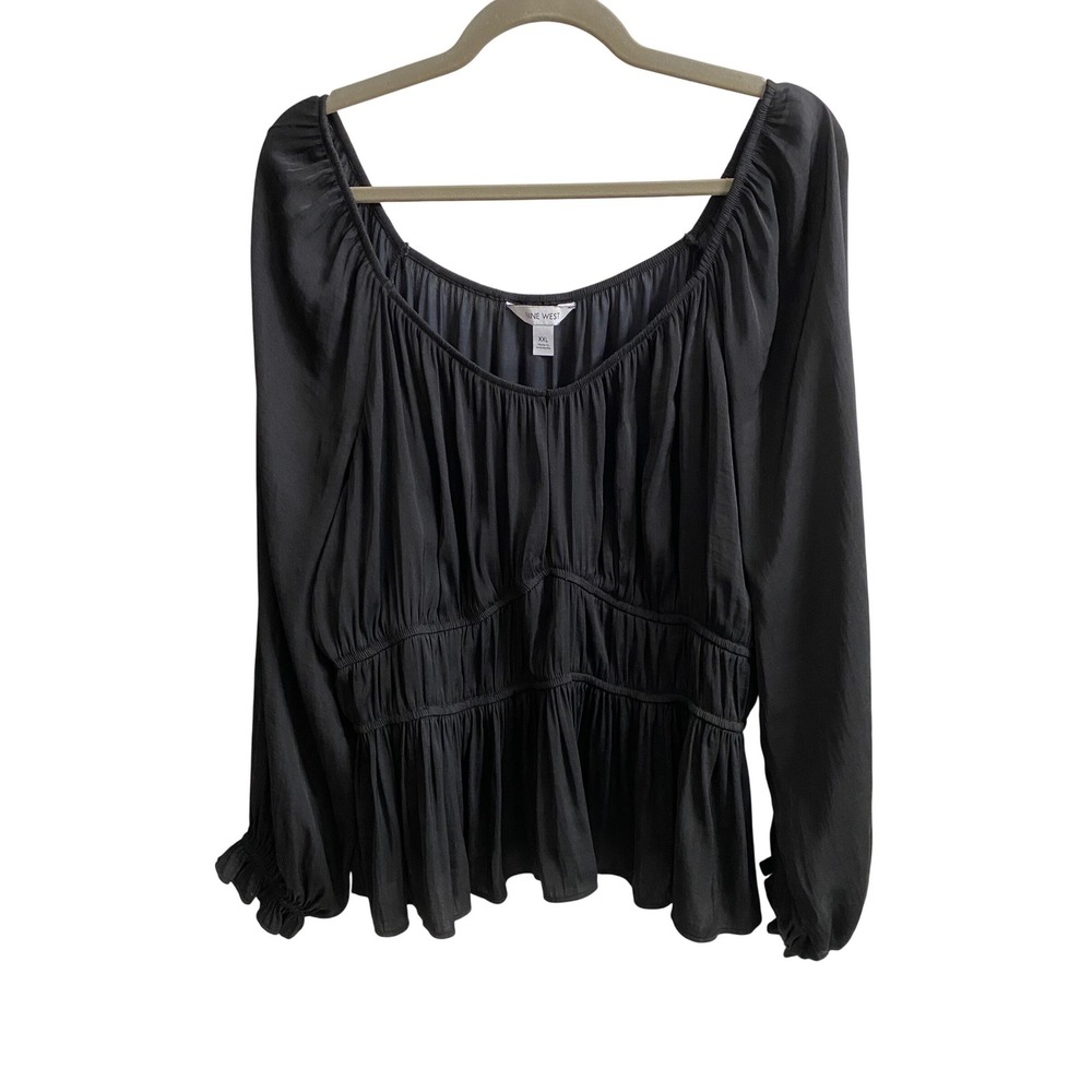 Nine West Womens XXL Black Long Sleeve Smocked Peplum Peasant Blouse Square Neck